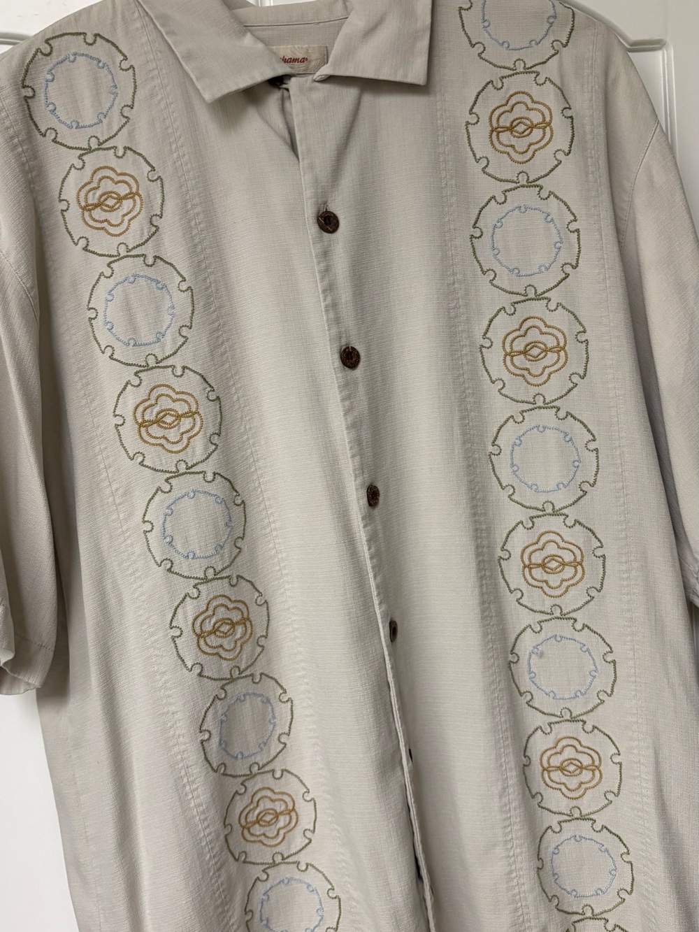 Tommy Bahama Light Beige Embroidered Short-Sleeve Button-Down Shirt